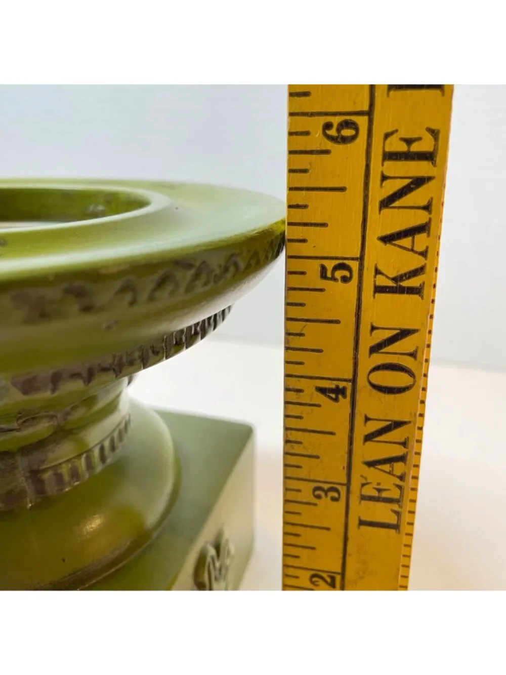 Vintage Green Ceramic Candle Holder Made In Japan With Embossed Floral Design &